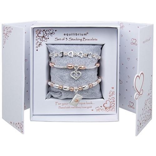 Equilibrium Silver Plated Two Tone Stacking Bracelet  Gift Set - Heart Kiss