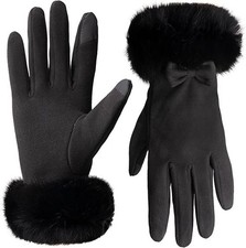 Women Genuine Lambskin Leather Gloves With Real Fox Fur Trim Cuff Winter Warm D