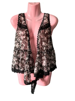 Ladies South Black Mix Ditsy Tie Waistcoat /Top Slight Sheer Boho Size 12 BNWT - Image 1 of 4