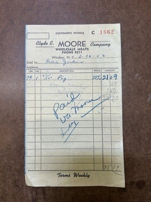 Vintage Clyde E Moore Wholesale Meats Invoice Windsor, NC 1952