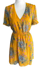 Madewell Dress Size 6 Sweetgrass Ruffle Sleeve Floral Painted Blooms Yellow Gold