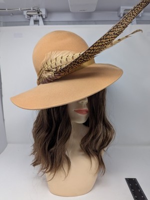 Fabiani 100% Wool Hat Italy Camel Wide Brim Feather Accent