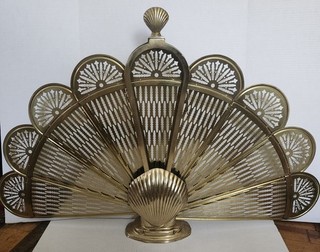 Vintage Heavy Brass Shell Peacock Fireplace Screen