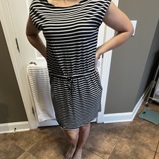 Michael Michael Kors Women’s M Black/White Striped Sheath Dress Boat Neck Zipper