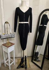 CMZ2005 Black Fitted Bodycon Ribbed High Slit Midi Dress Size XS