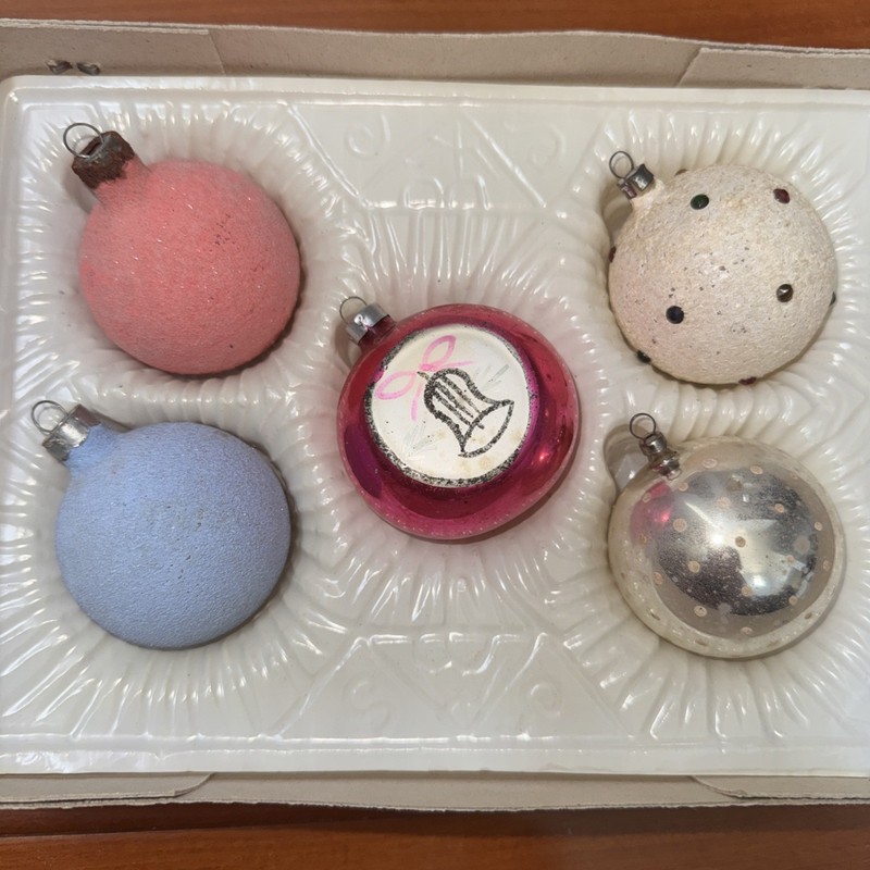 5 Vintage Mica Mercury Glass Rare Ornaments 2.5 Polka Dots Baby Blue Rhinestone