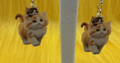 2D Flat Acrylic Fun Cat Earrings. Unique, Party, Cute, Festive