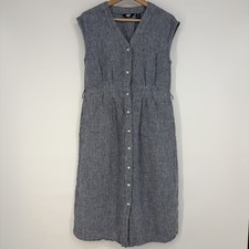 Lands End Linen V Neck Button Front Midi Dress XS Blue Pleated Beach Timeless