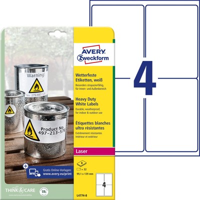 AVERY Zweckform L4774-8 Weatherproof Film Labels (99.1 x 139 mm on DIN A4, Extre