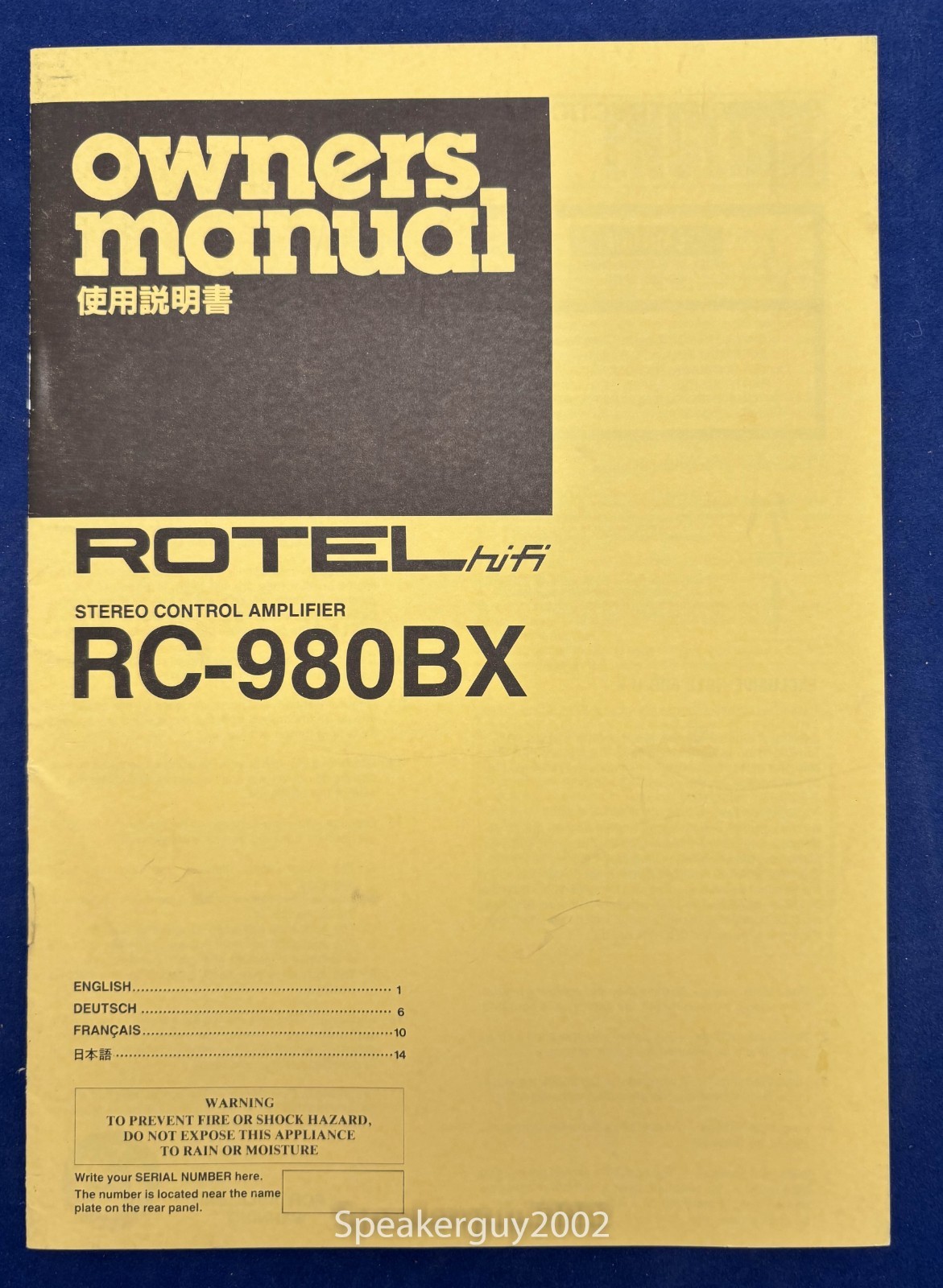 Original Rotel RC-980BX Stereo Control Amplifier Owner's Manual