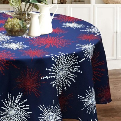 Red White Blue Celebration Fireworks Easy-Care Fabric Tablecloth (70'' Round, Blu