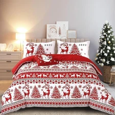 Christmas Duvet Cover Set Red Deer Tree Snowflake Pattern Soft Microfiber Zipper