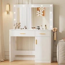 Vanity Desk with Mirror 11 LED Lights Makeup Vanity Table with Charging Station