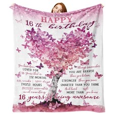 Girls Happy 16th Birthday Pink Love Heart Tree Flannel Throw Blanket 50x60 Inch
