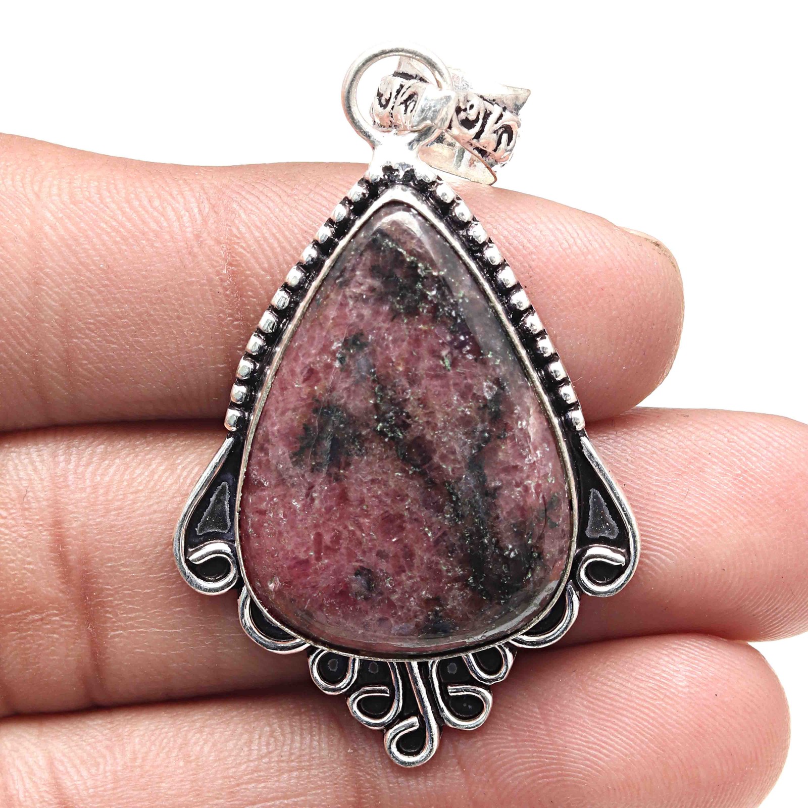Rhodonite Gemstone Pendant Silver Jewelry Valentine's Day Gift 2.5 Inch