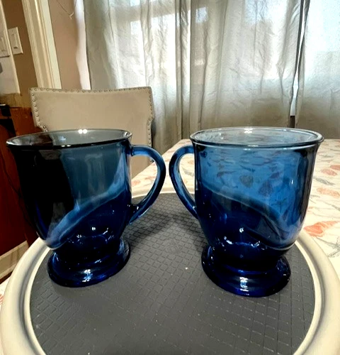 Lot of 2 Vintage Anchor Hocking 16oz Cobalt Blue Glass Footed Pedestal Café Mugs