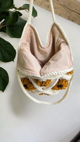 Sunflower Crochet Tote Bag, Granny Square Bohemian Bag Handmade - Picture 6 of 6