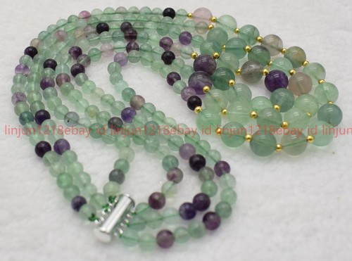 3Row Natural 6-10mm Multicolor Fluorite Round Gemstone Beaded Necklace 17-19in - Picture 3 of 12