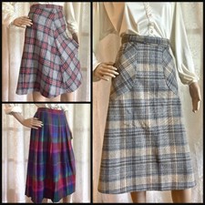 3 Vintage 1960s Tartan Pleated  A-Line Plaid Wool Skirts, Full Hem, Mid Length