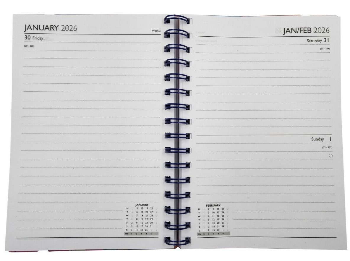 2025 A5 Day-to-a-Page Diary/Planner – Floral Print Softcover PU, Gold Embossed