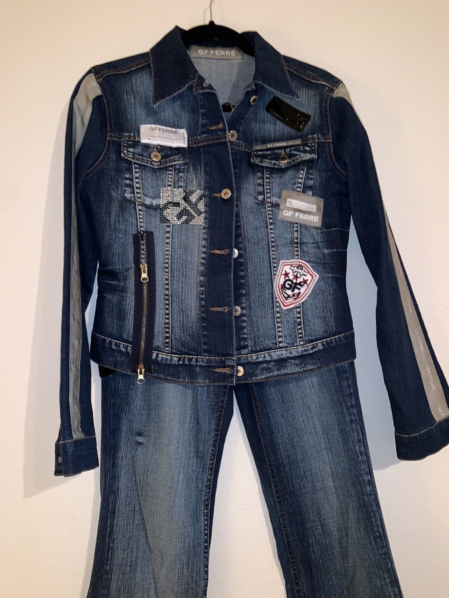 GIANFRANCO FERRE Blue Rhinestone Studded Denim SUIT Jeans Denim