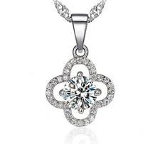 Sterling Silver Necklace Pendant Clover Flower Zirconia 18" Chain Gift Box L35