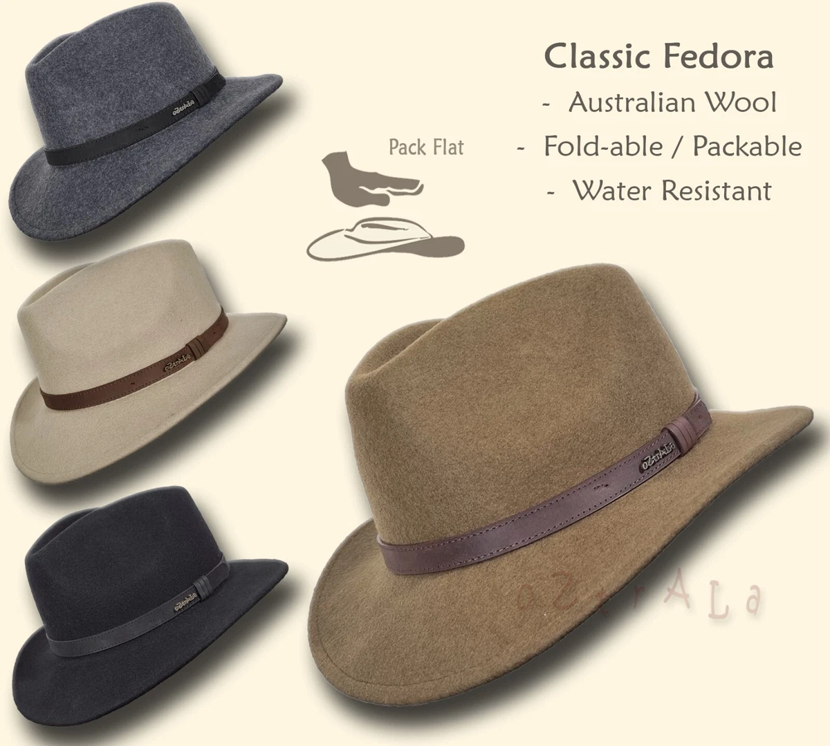 oZtrALa Australian Wool Fur Felt HAT Indiana Jones Fedora Mens