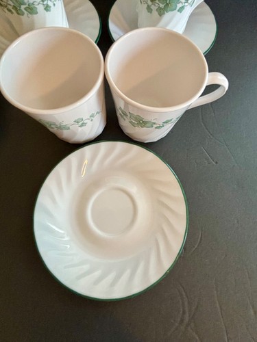 4 Sets Corning Corelle Callaway Efeu Kaffeetassen & Untertassen grün weiß Wirbel - Bild 8 von 9