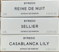 Byredo 3 Extrait Parfum Samples; Reine De Unit, Sellier, Casablanca Lily