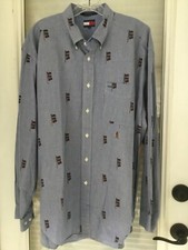 FLAG LOGO VTG TOMMY HILFIGER L/S SPELL OUT CREST BD SHIRT MENS XL COTTON EUC A 