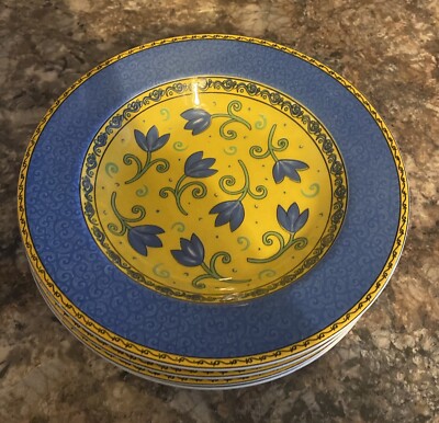 Furio La Primula 4-Piece Yellow & Blue Floral Soup/Salad Bowl Set Made in Italy