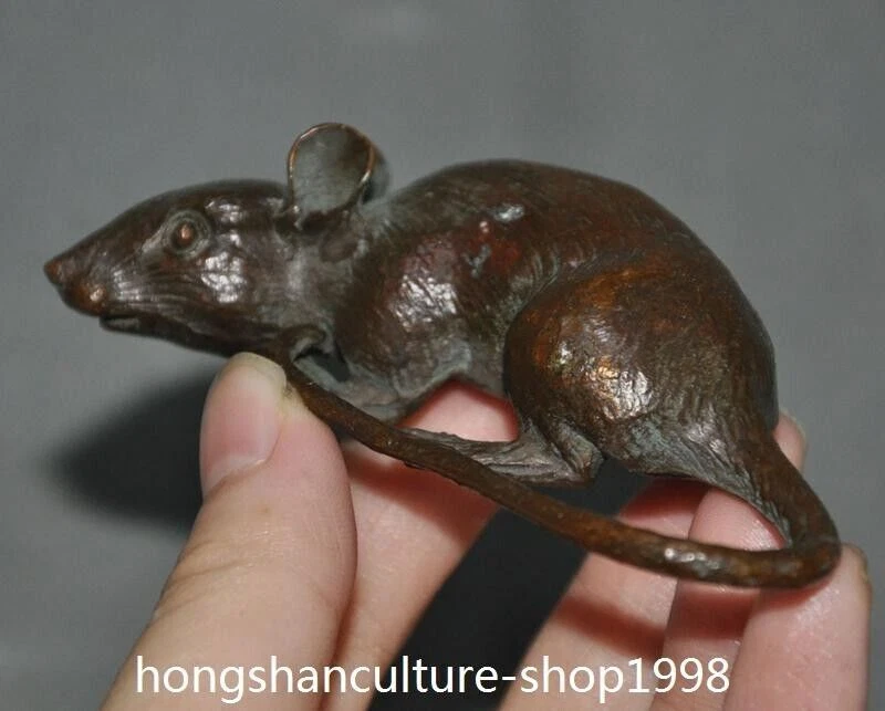 3.4'' old Chinese bronze 12 Zodiac Year wealth animal mouse Ret Feng Shui statue - Image 3 of 4