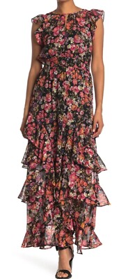 Rachel Roy Issa Chiffon Black Floral Print Tiered Ruffle Maxi