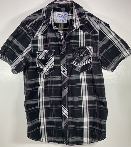 Camicia western calc manica corta quadri perla nera bottoni a pressione ricamati tasche sm - Foto 2 di 8