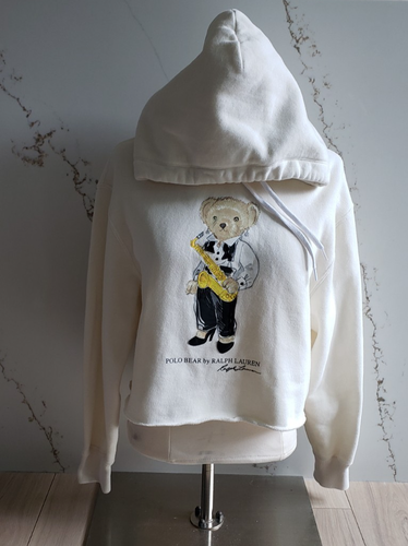 Ralph Lauren Polo Bear Hoodie Womens XS Cream White Cutoff Jazz Sax Sweatshirt