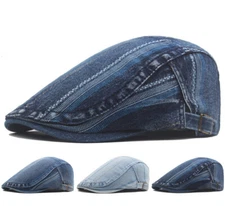 Men's Denim Striped Gatsby Golf Peaked Cap Ivy Trucker Flat Duckbill Hat HY24057