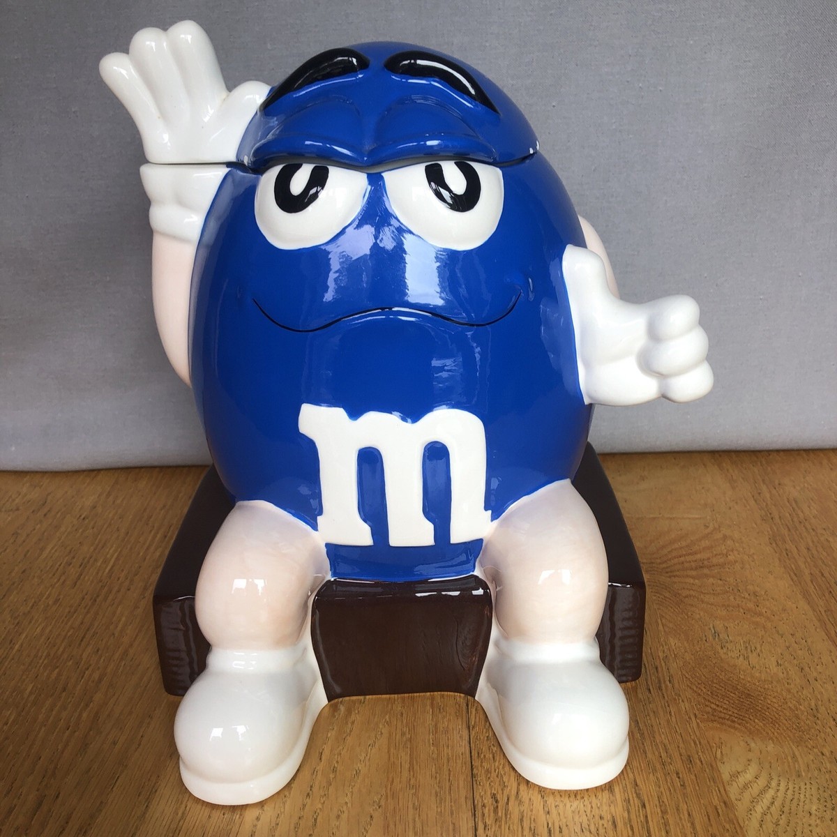 Collectible BLUE M&M Cookie Candy Jar Waving Almond M&M Large