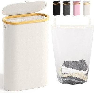 Slim Laundry Hamper with Lid, 60L Small Laundry Basket with Handles&Removable...