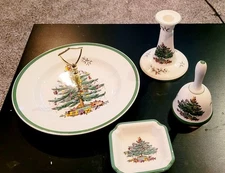 Lot Of Vintage Spode China Christmas Tree Bell Candle Holder Serving Plate