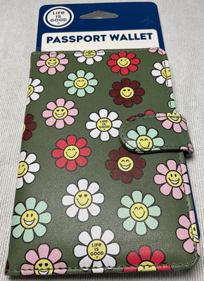Life is Good Passport Wallet Cover Case FLOWERS SMILEY FACES 5.875 X 4.25 NWT