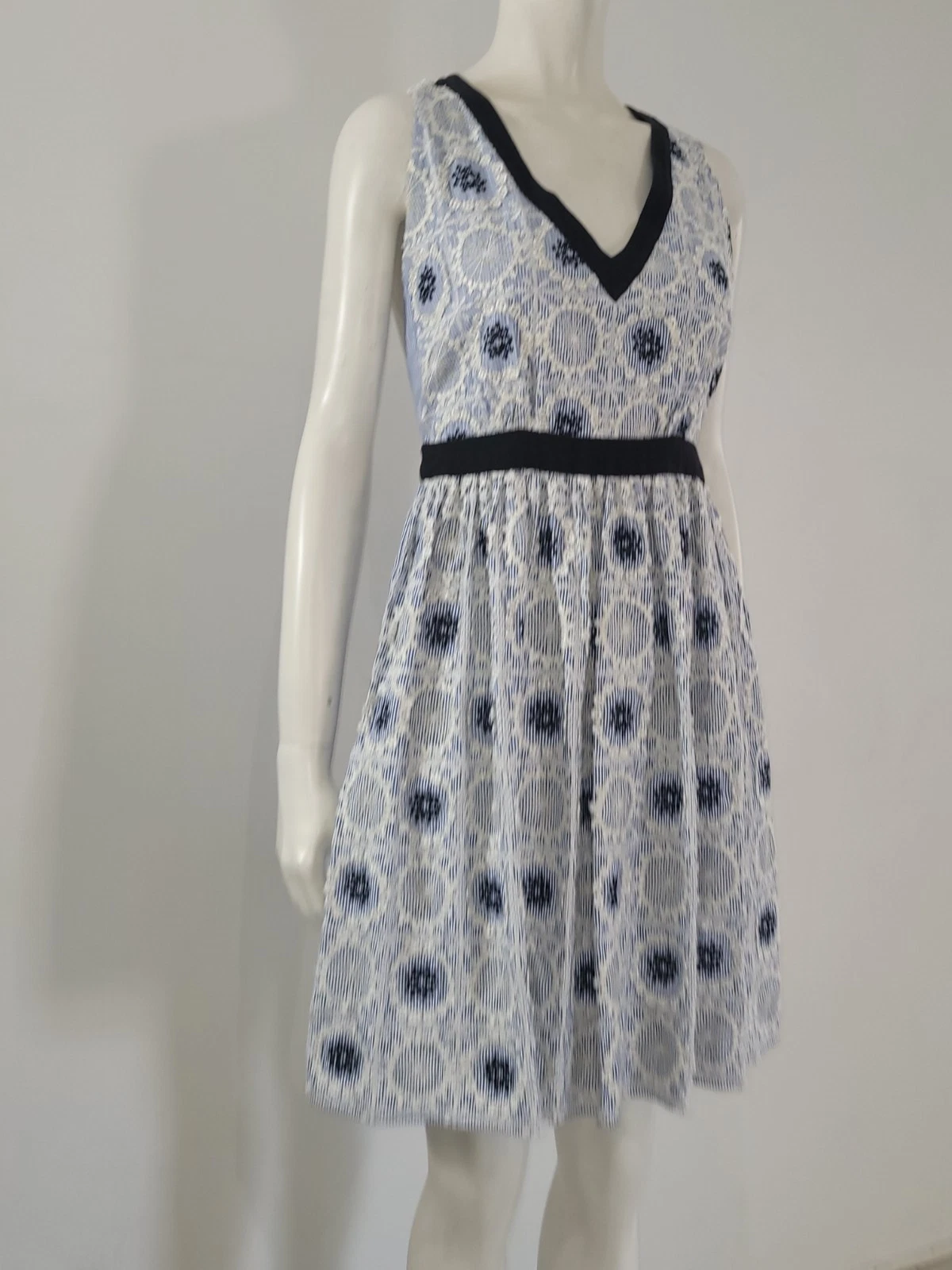 Abito Moschino blu gessato UK 10 EU 38 ricamato floreale midi sole swing tè