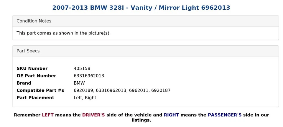 BMW 328I 2007-2013 - luz de tocador/espejo 6962013 Foto 4 de 4