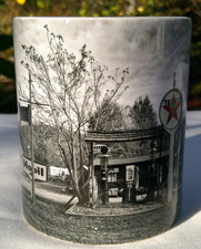 Texaco Mobil Vintage Gas Station Photo Mug – Black & White Scene – 4.5" Tall
