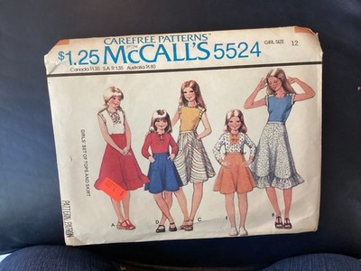 McCalls 5524, Girls Carefree 1977 Girls Set of Tops & Skirt Child Sz 12 uc FF