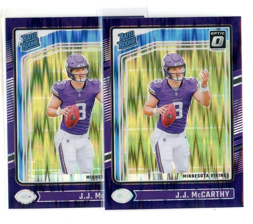 2024 Donruss Optic #235 JJ McCarthy RC Rookie Purple Shock 2 Card Lot (BB)