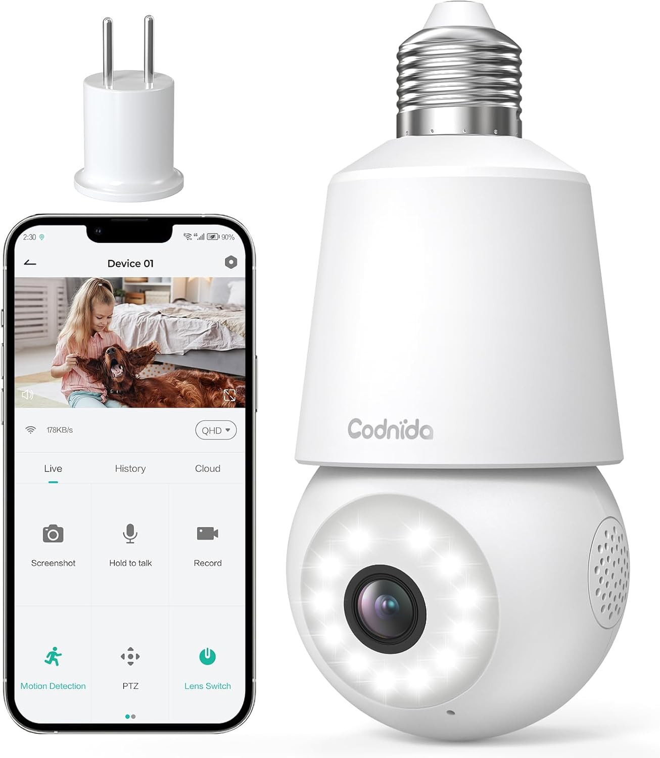 2K Telecamera Lampadina Wifi Esterno per E27 Portalampada, PTZ Videocamera Di So