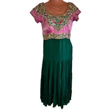 Embroidered Beaded Indian Dress Women's Medium Green Pink Formal Gown EUC