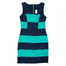 Ann Taylor Navy Teal Striped Sleeveless V Neck Dress Office Business Career Work