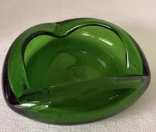 Vintage Mid Century Ashtray Murano Style Art Glass Thick Emerald Green  6.5"