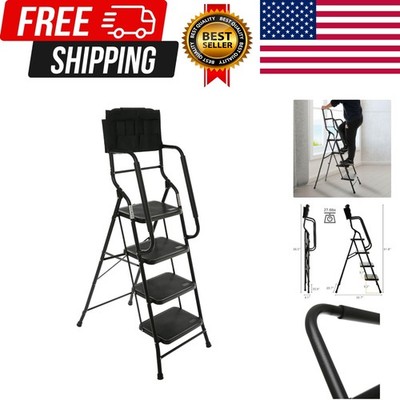 4 Step Ladder with Handrails 500 lb Capacity Step Stool Folding Portable Ladd...